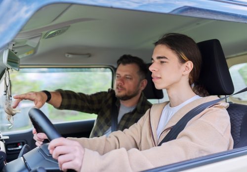 Father teaching his teenage son to drive